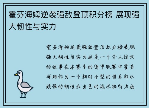 霍芬海姆逆袭强敌登顶积分榜 展现强大韧性与实力