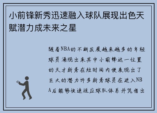 小前锋新秀迅速融入球队展现出色天赋潜力成未来之星