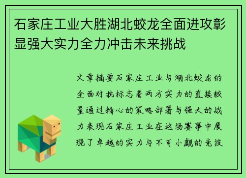 石家庄工业大胜湖北蛟龙全面进攻彰显强大实力全力冲击未来挑战