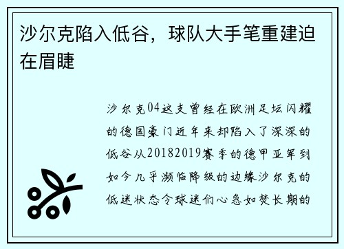 沙尔克陷入低谷，球队大手笔重建迫在眉睫