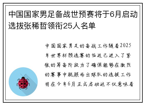 中国国家男足备战世预赛将于6月启动选拔张稀哲领衔25人名单