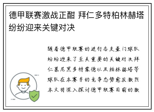 德甲联赛激战正酣 拜仁多特柏林赫塔纷纷迎来关键对决