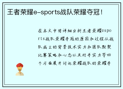 王者荣耀e-sports战队荣耀夺冠！