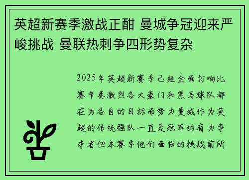 英超新赛季激战正酣 曼城争冠迎来严峻挑战 曼联热刺争四形势复杂