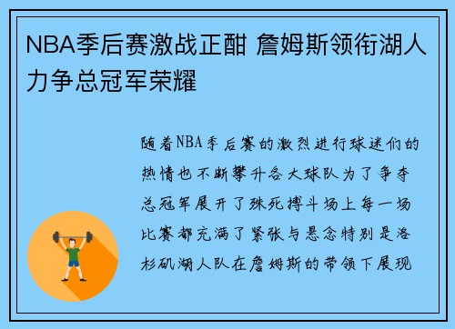 NBA季后赛激战正酣 詹姆斯领衔湖人力争总冠军荣耀